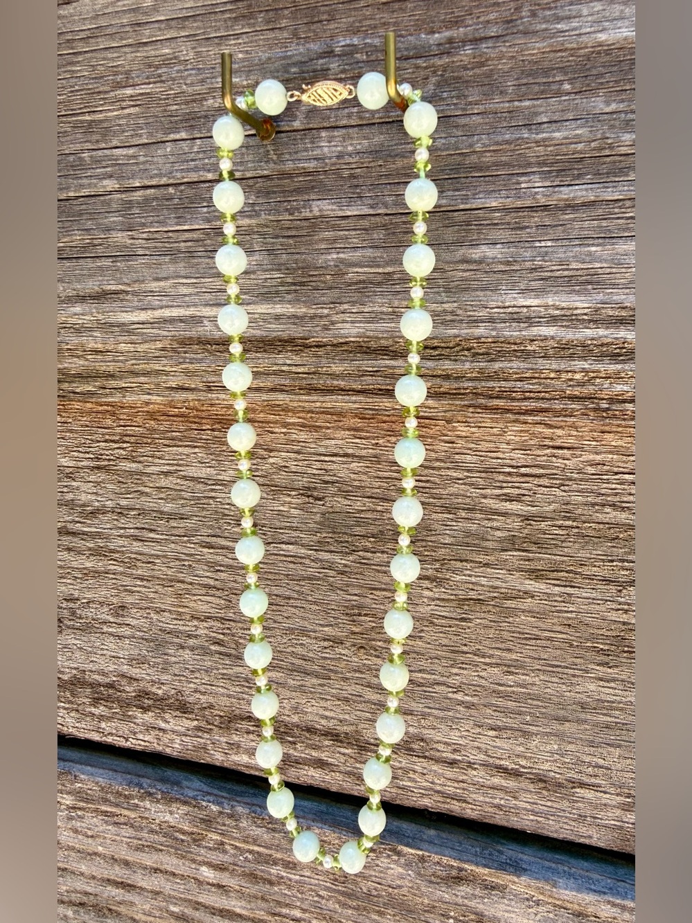 Pale Green Jade, peridot and genuine pearl beaded necklace by Gold Stone Jewelry